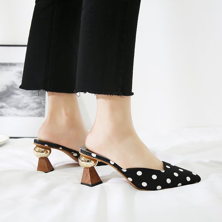 Women's Thick High Heel Square Toe Polka Dot Round Buckle Slippers