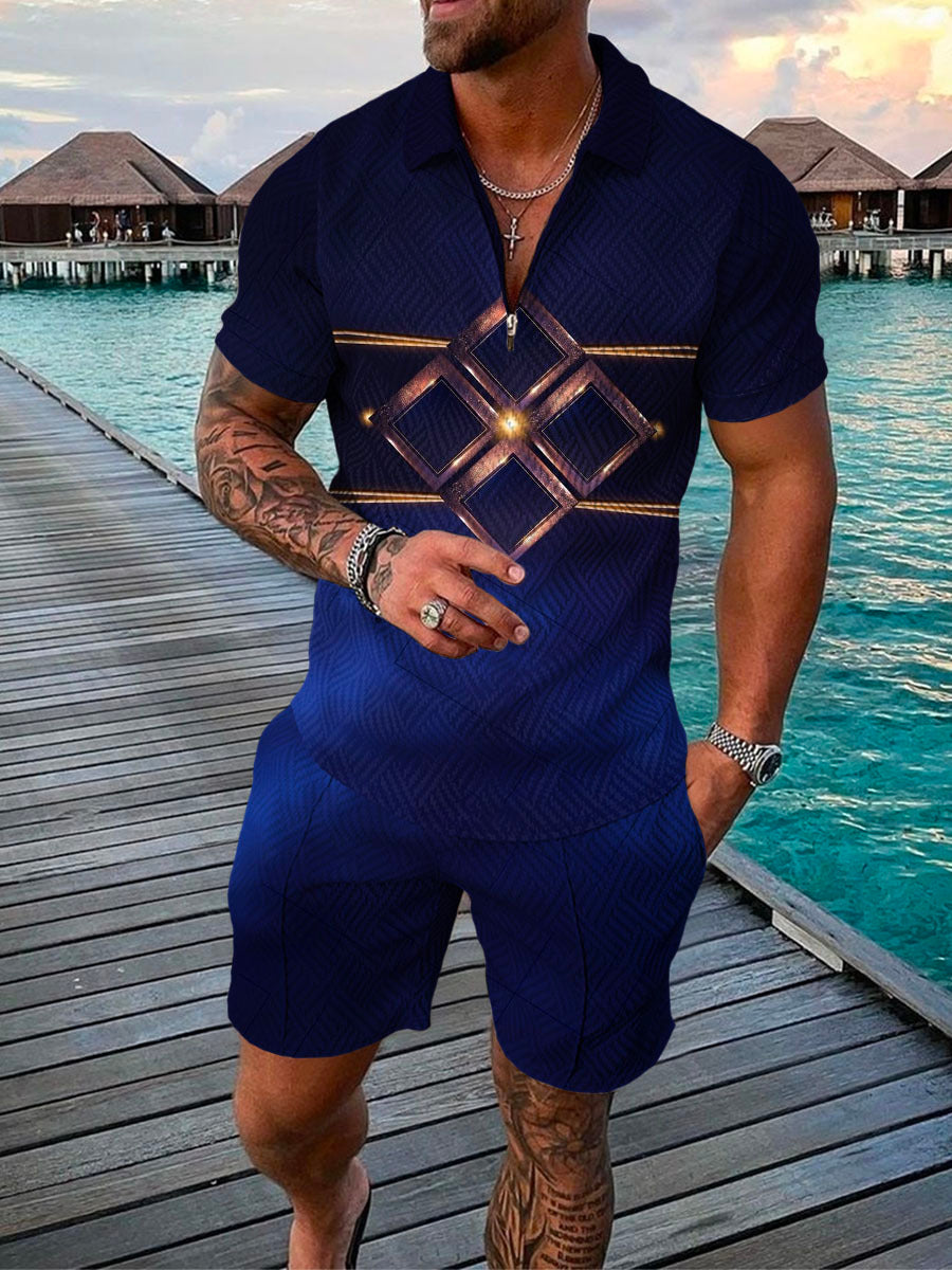 Men's Summer Fashion 3D Printed Short Sleeve Geometric Zip Lapel Shirt Set