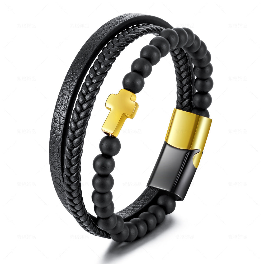 Pulsera cruzada de acero inoxidable multicapa para hombre