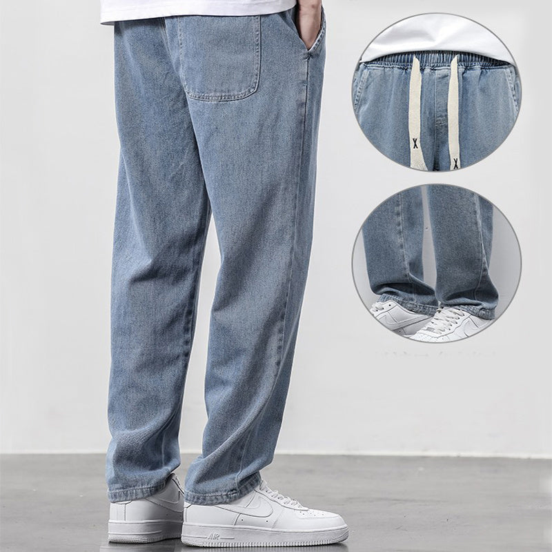 Summer Loose Wide Leg Jeans Pants Men Fashion Drawstring Elasticated Straight Trousers