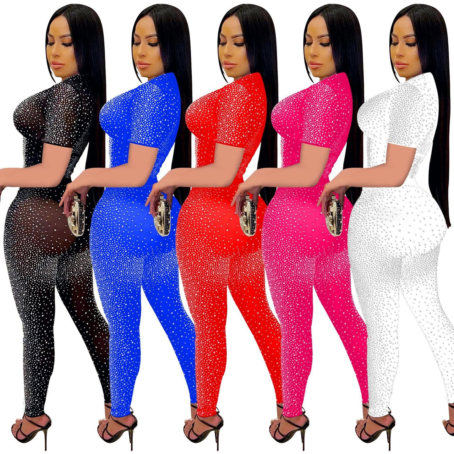 Women's Pure Color Mesh Rhinestone Short Sleeve Trousers Two-piece Set