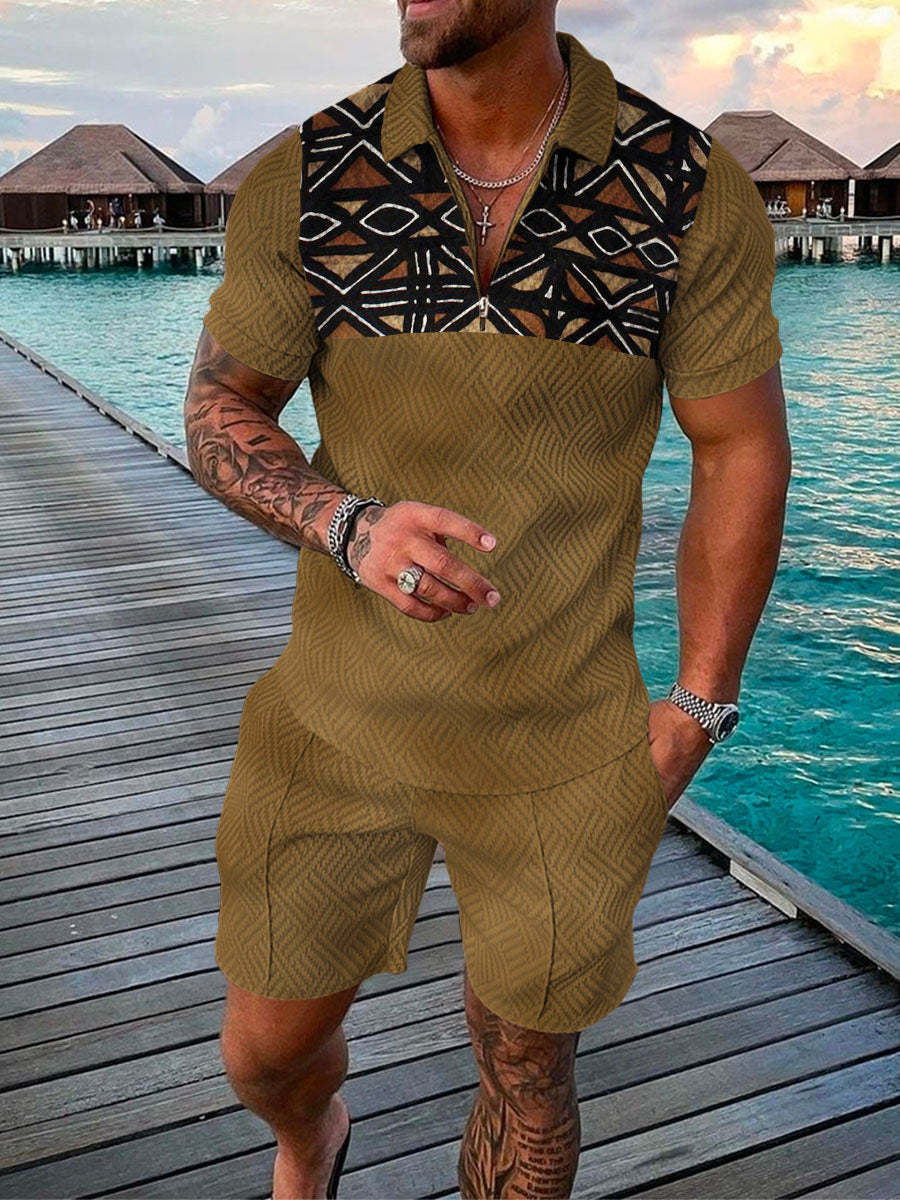 Men's Summer Fashion 3D Printed Short Sleeve Geometric Zip Lapel Shirt Set