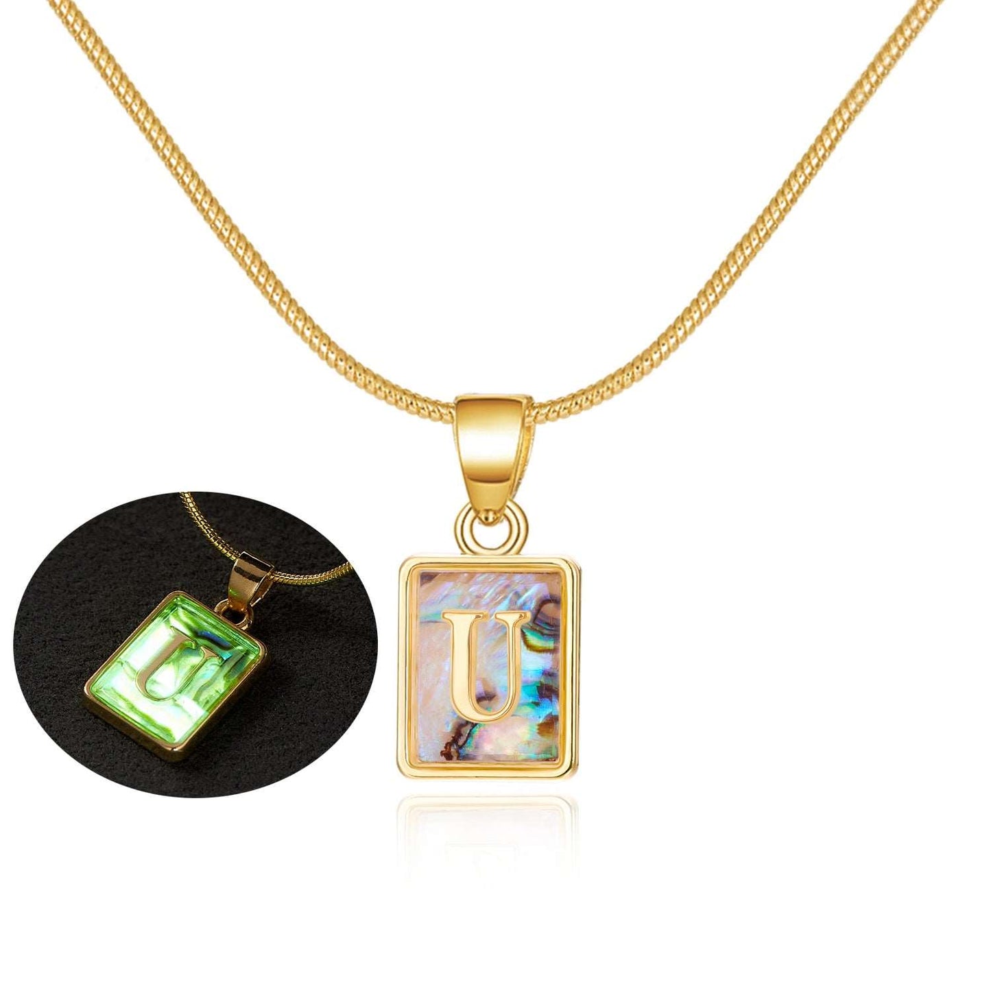 26 Letter Square Necklace Colorful Shell Luminous Pendant Chain Necklace For Women Temperament Ladies Jewelry