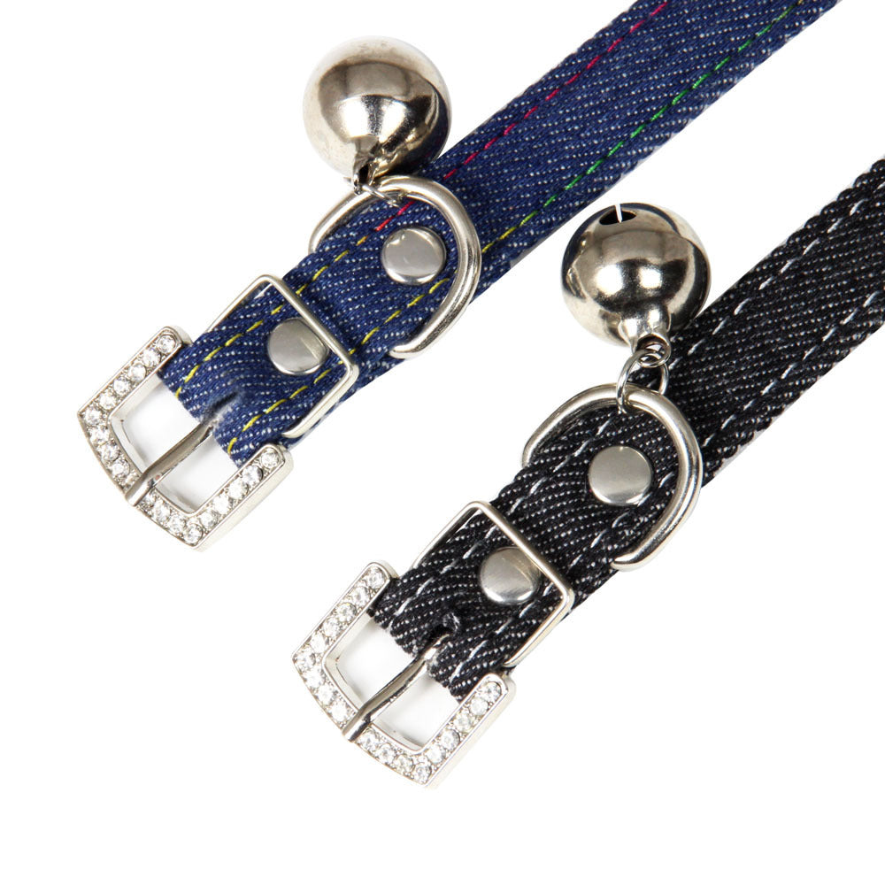 Pet Adjustable Collar With Bell Leather Denim Cat Scarf