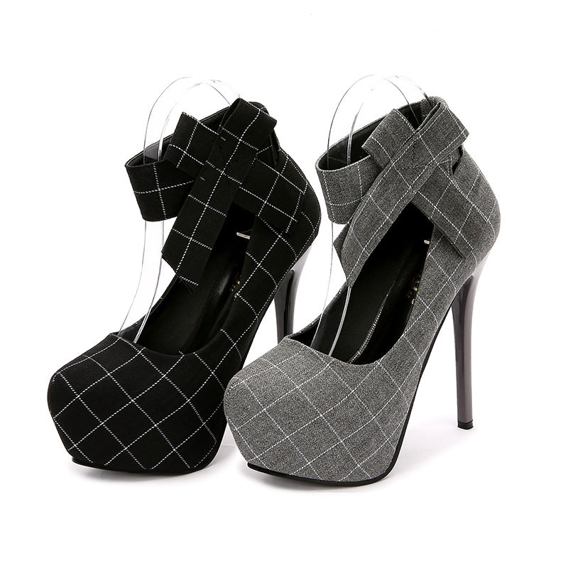 Round Head Waterproof Stiletto Women's Shoes Square Plaid With Bowknot