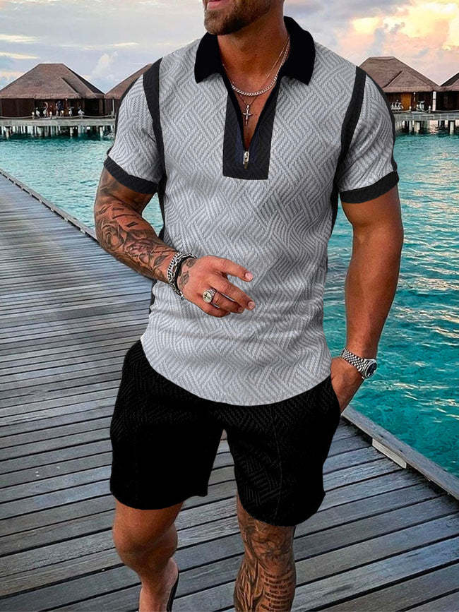 Men's Summer Fashion 3D Printed Short Sleeve Geometric Zip Lapel Shirt Set