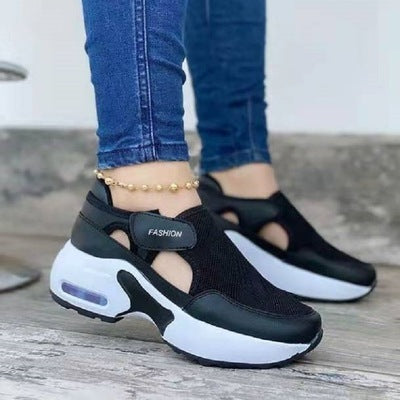 Large Size Thick-soled Old Shoes Wedge Heel Velcro Casual Single Shoes Breathable Flying Woven Sneakers Women