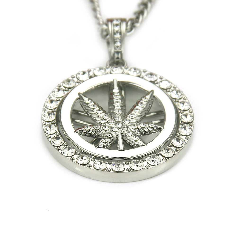 European Hip Hop Diamond Maple Leaf Turntable Necklace For Men