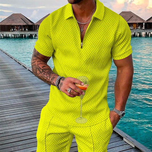 Men's Summer Fashion 3D Printed Short Sleeve Geometric Zip Lapel Shirt Set