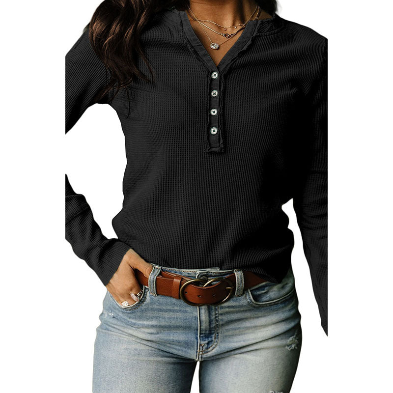 Solid Color Waffle European And American Leisure Trim Neckline Slim Sweater