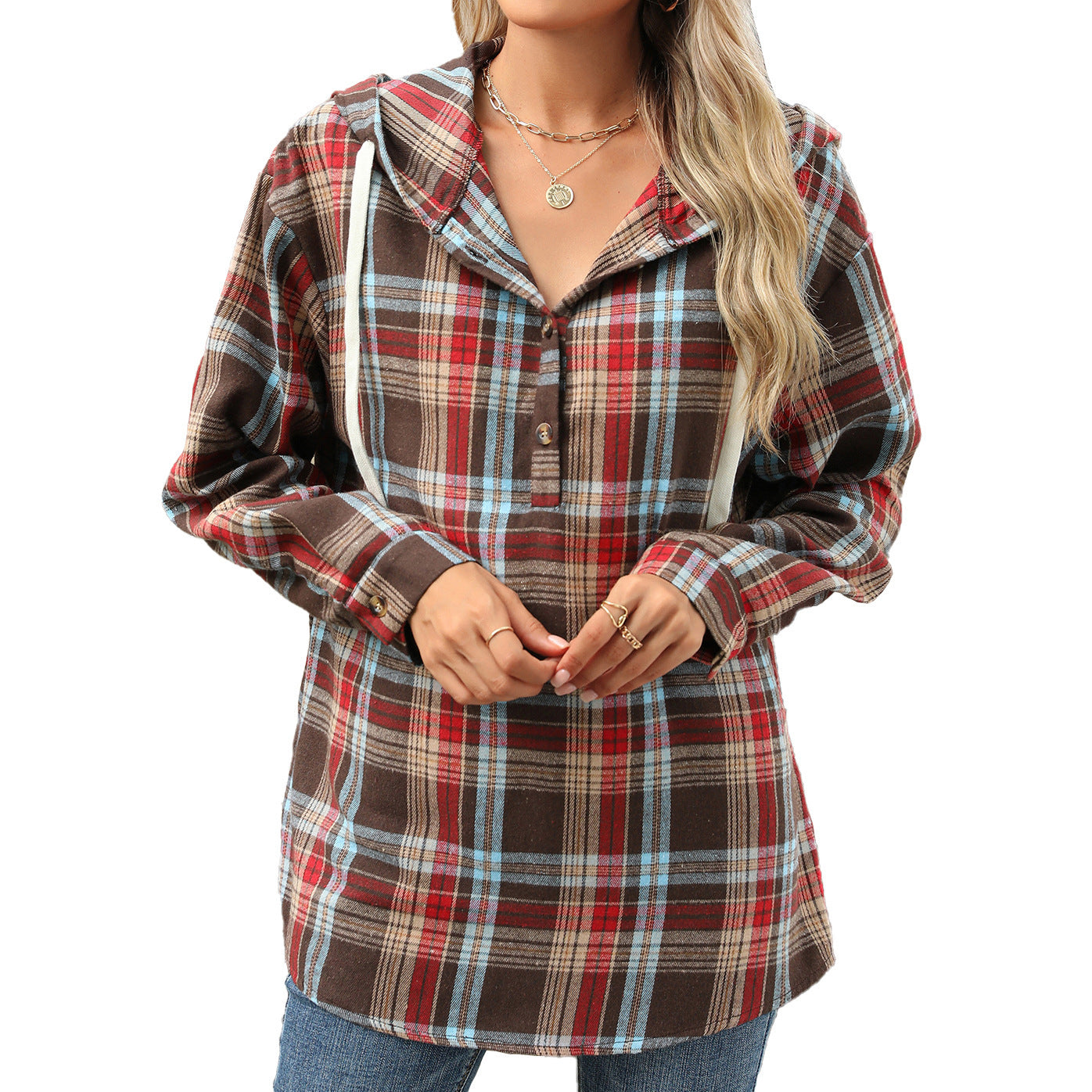 Fashion Plaid Print Hooded Sweatshirt With Button Loose Long Sleeve Hoodies Leisure Sports Top For Womens Clothing