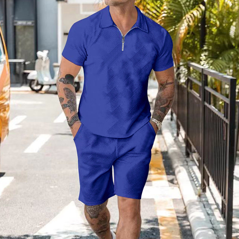 Zipper Polo Short Sleeve Shorts Set