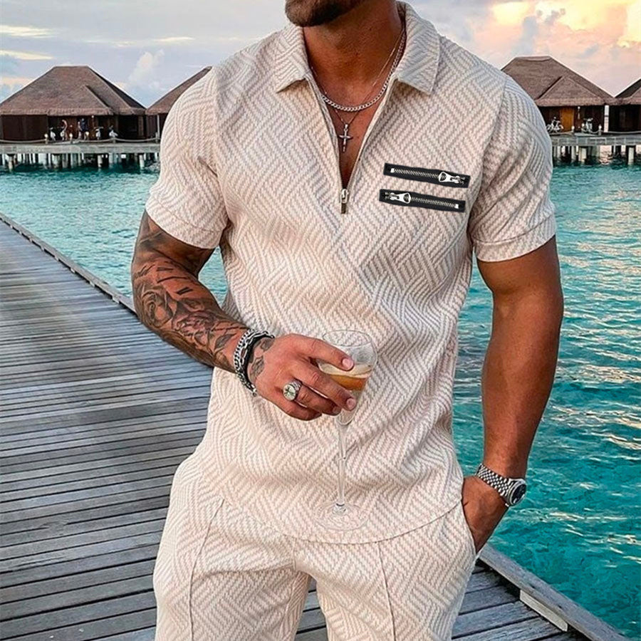 Men's Summer Fashion 3D Printed Short Sleeve Geometric Zip Lapel Shirt Set