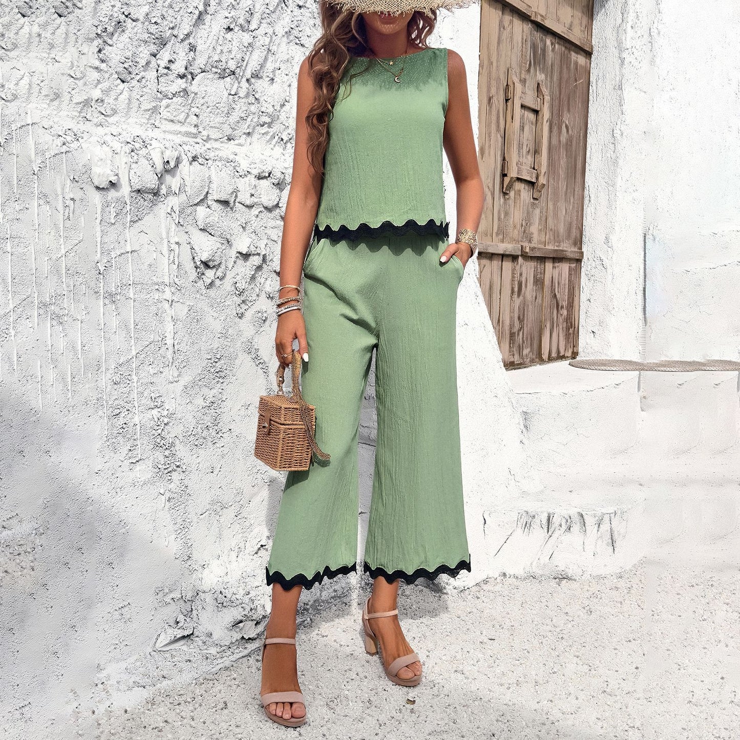 Summer Wave Print Suit Sleeveless Top And Straight Trousers Fashion Casual Solid Color 2pcs Set For Womens Clothing