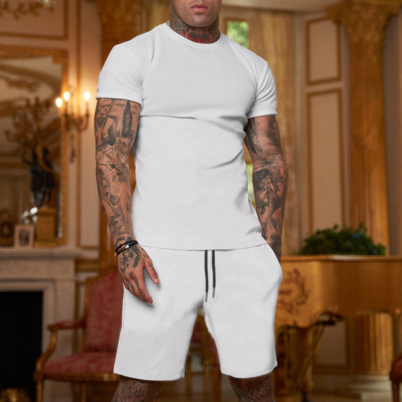 Men's Fashion Solid Color Short Sleeve Shorts Set