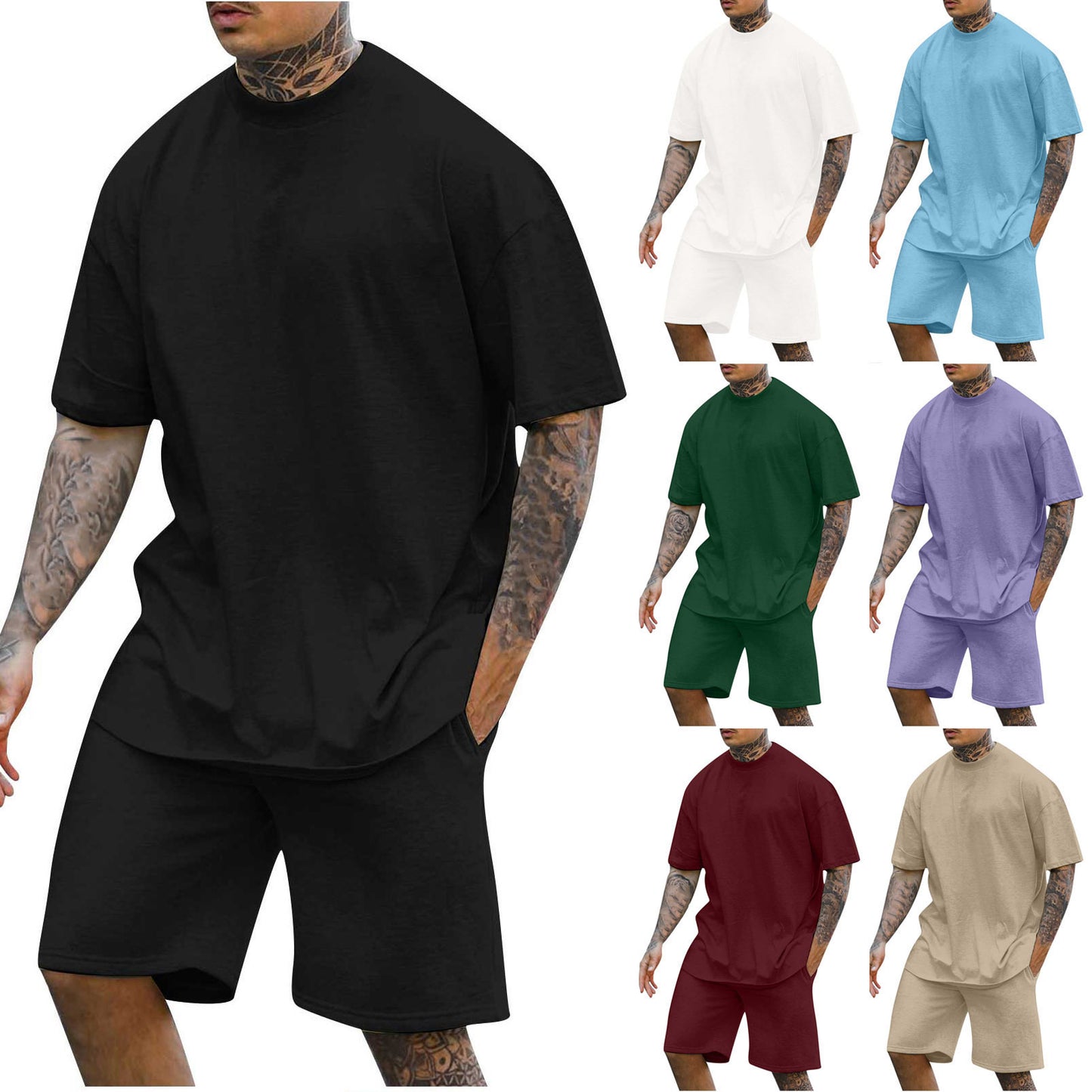 New Men's Round Neck Drop Shoulder Short Sleeve T-shirt Top Shorts Two-piece Set