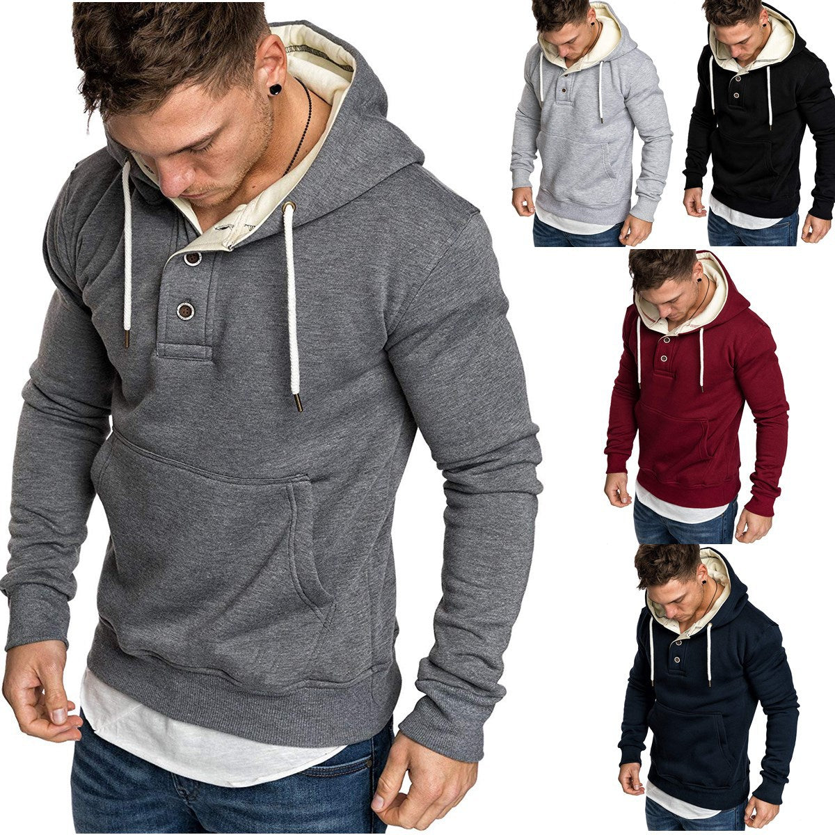 Button-trimmed hooded fleece sweatshirt