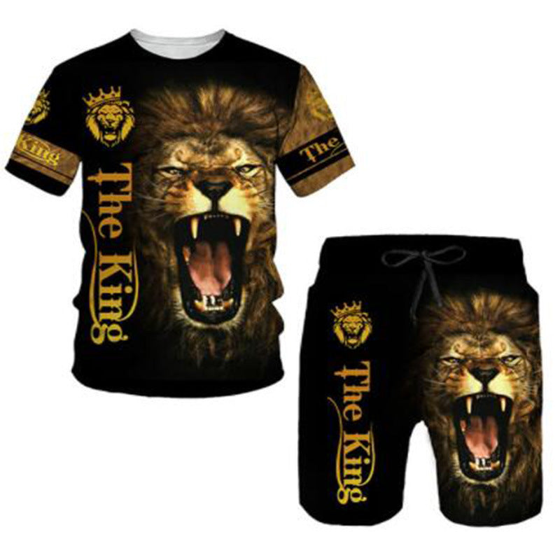 Ferocious Lion Summer 3D Printed Tracksuit O Neck Short Sleeve Men's Clothing Suit