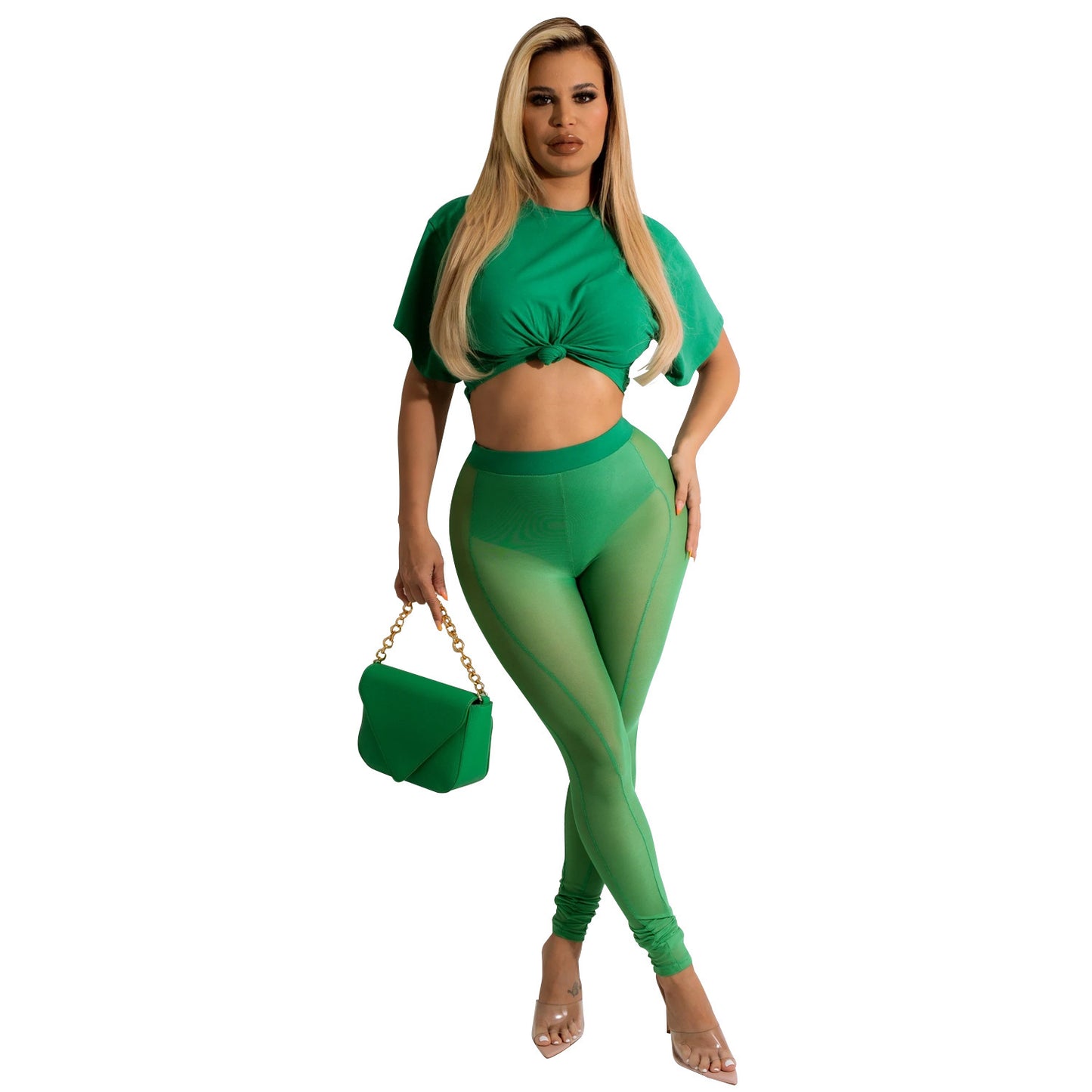 Women's T-Shirt Mesh Sheer Two-Piece Pants Set