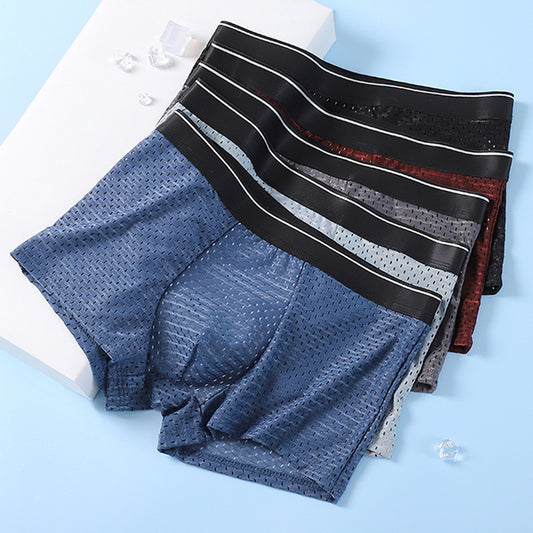 Ice Silk Full Mesh Large Size Men's Underwear Cotton Crotch Mid-waist Boxers