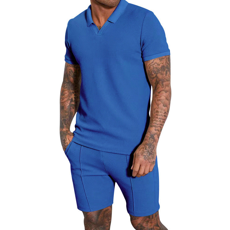 Men's Fashion Waffle V-neck Short-sleeved Shorts Two-piece Set