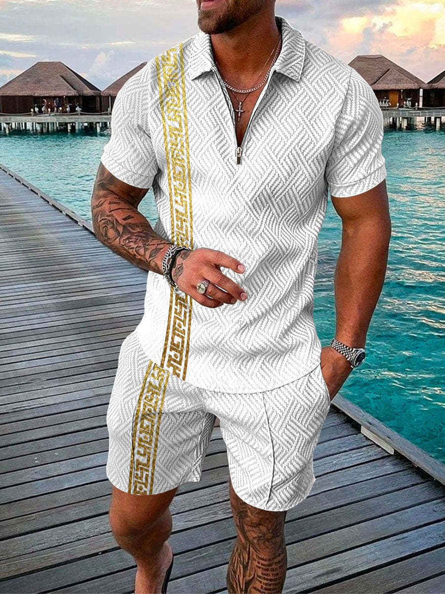 Men's Summer Fashion 3D Printed Short Sleeve Geometric Zip Lapel Shirt Set