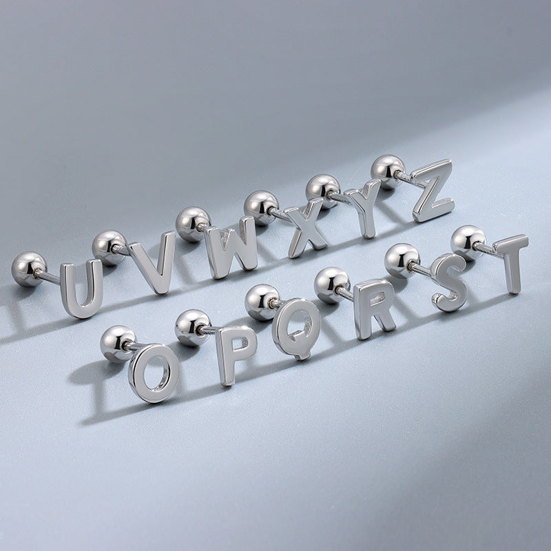 S925 Sterling Silver Glossy 26 Letters Screw Pin Ear Studs