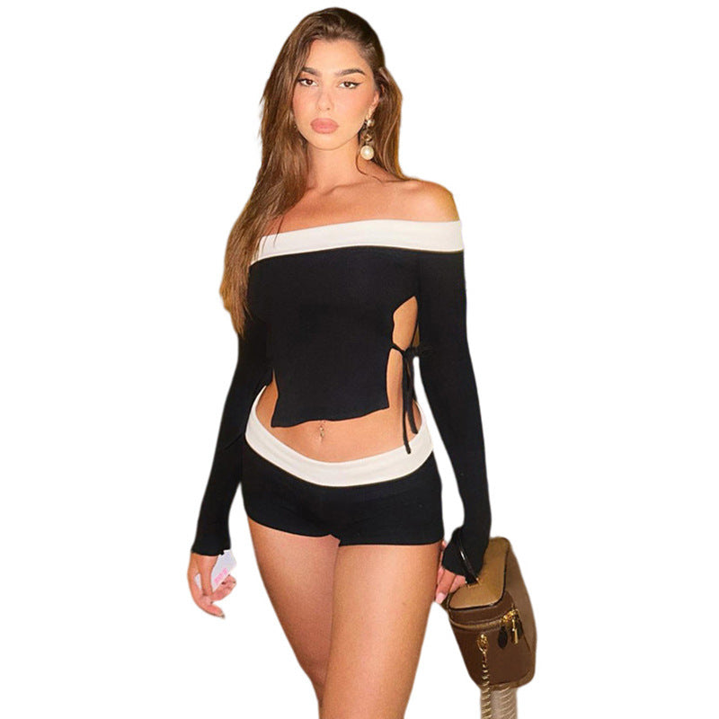 Contrast Color Off-neck Strap T-shirt Shorts Set Product information: Color: Black Pants length: Shorts Size: S,M,L Popular elements: shoulder strap Main fabric composition: Polyester (polyester fiber) Applicable Gender: Female Sleeve length: long sleeve