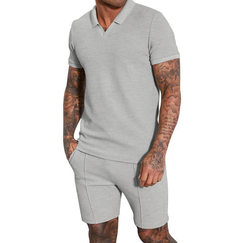 Men's Fashion Waffle V-neck Short-sleeved Shorts Two-piece Set