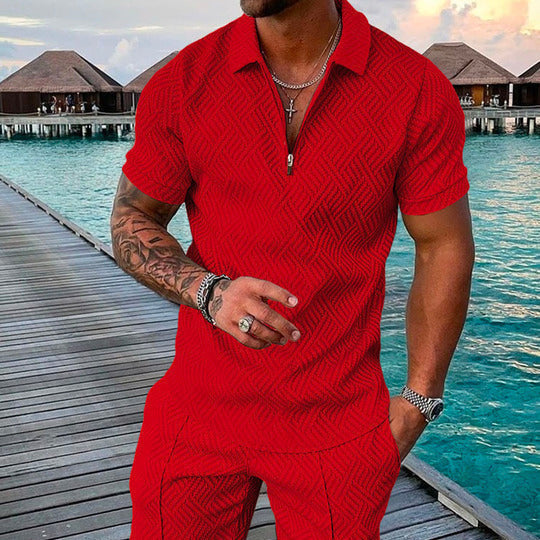 Men's Summer Fashion 3D Printed Short Sleeve Geometric Zip Lapel Shirt Set