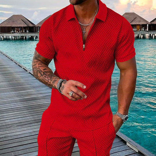 Men's Summer Fashion 3D Printed Short Sleeve Geometric Zip Lapel Shirt Set