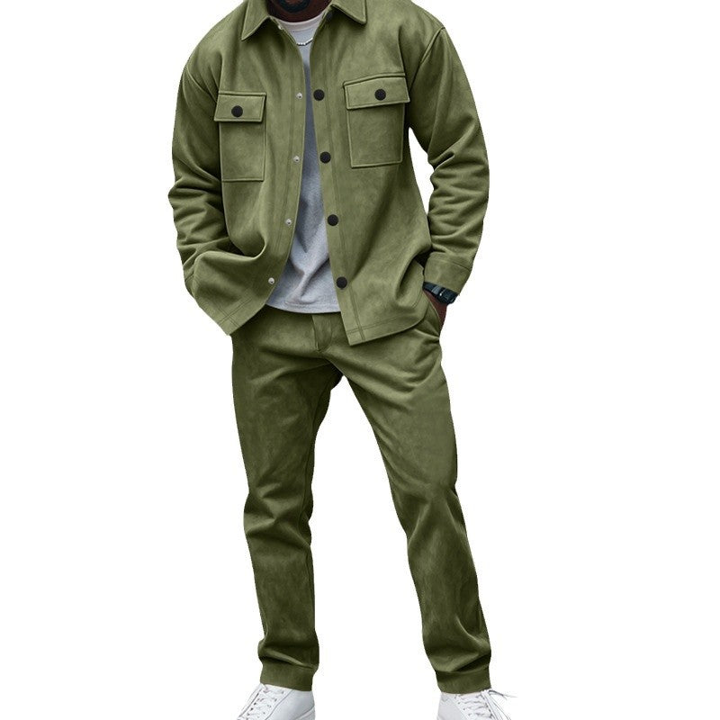 Men's Suede Solid Color Single-breasted Tooling Cardigan Two-piece Set