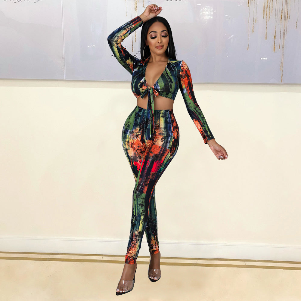 Sexy Tight-Fitting Printed Lace-Up Two-Piece Long-Sleeved Suit