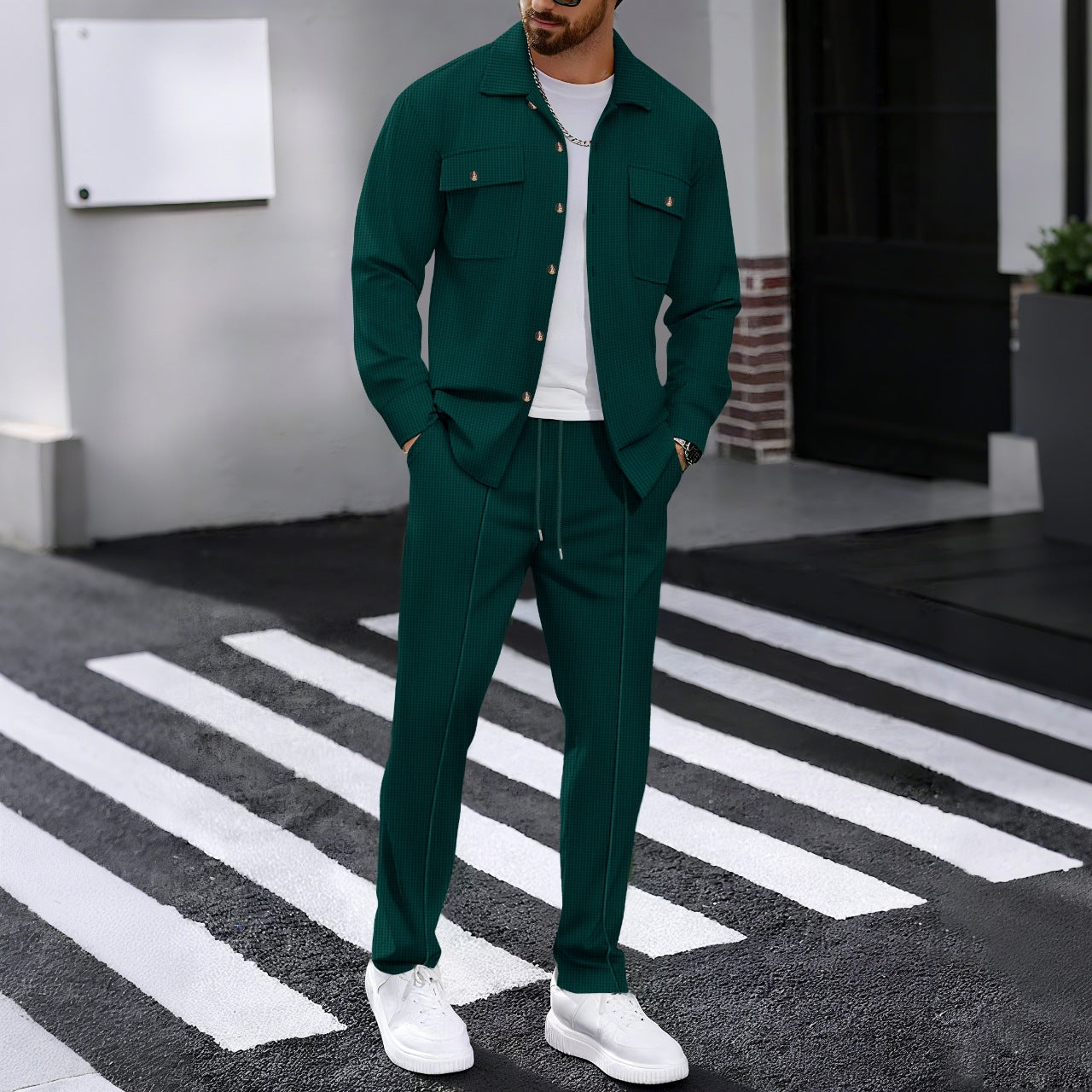 Autumn New Waffle Long-sleeved Trousers Two-piece Set Cardigan Shirt Suit