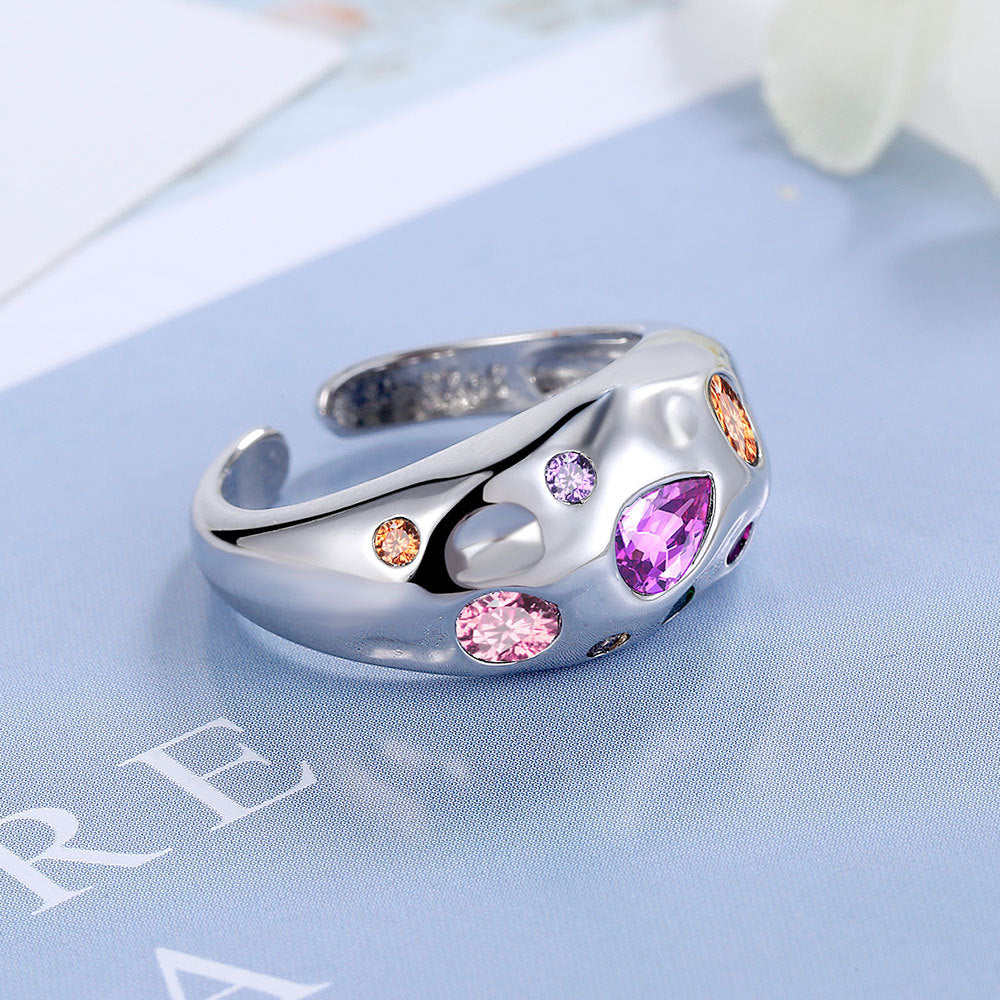 Colorful Rhinestones Rings For Women Temperament Niche Luxury Opening Ring