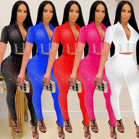 Women's Pure Color Mesh Rhinestone Short Sleeve Trousers Two-piece Set