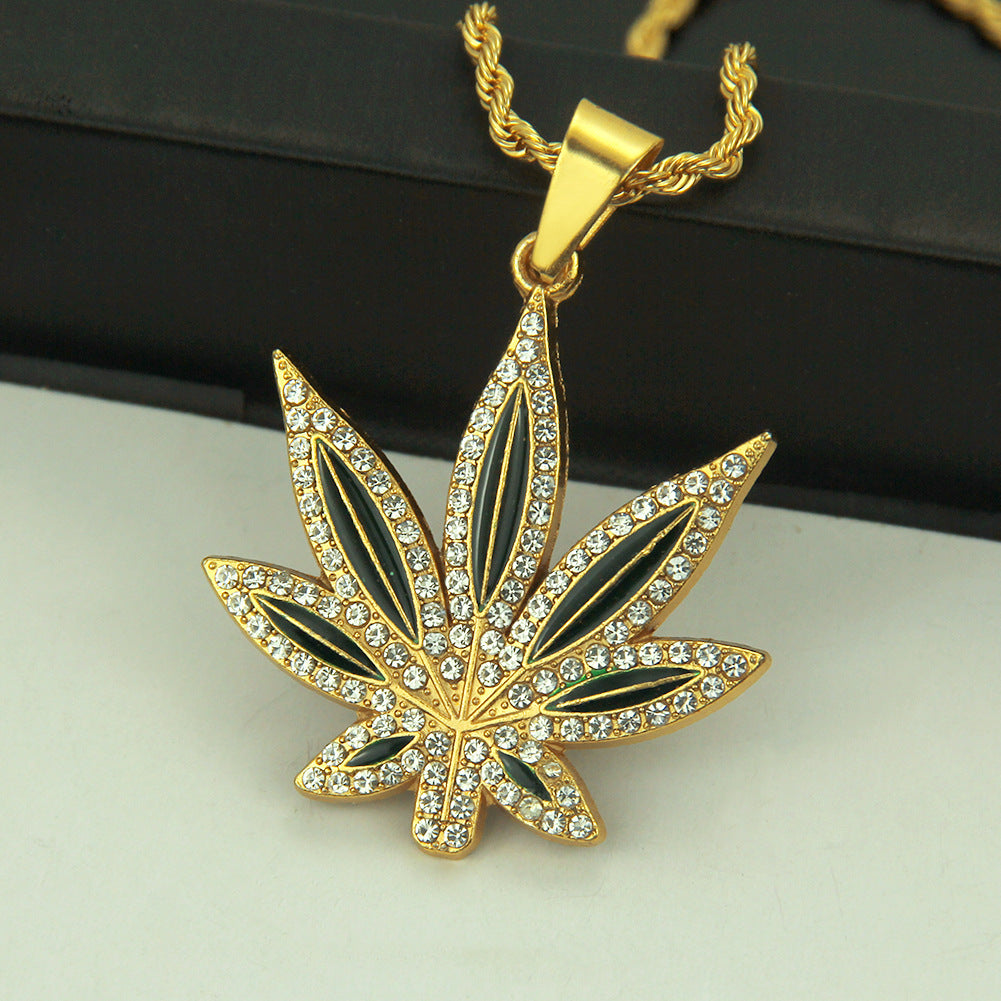 Punk Hip Hop Painting Oil Diamond-embedded Maple Leaves Pendant Neck Accessories Men