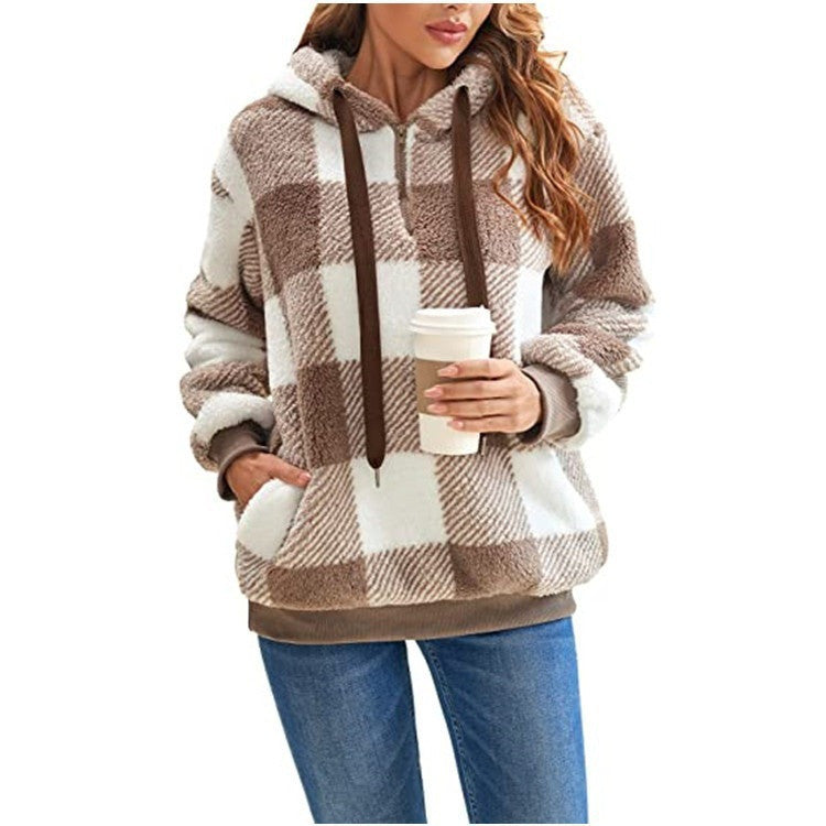 Fashion Plaid Hooded Sweatshirt With Pockets Casual Zipper Plush Tops For Womens Clothing