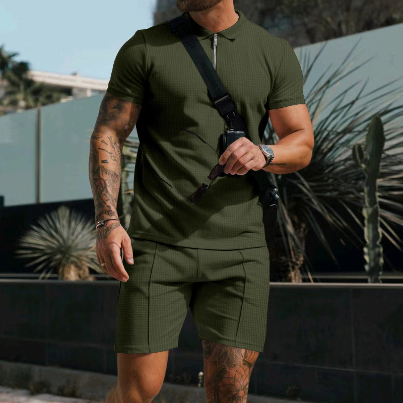 Men's Short Sleeve Shorts Casual Suit Summer Waffle Solid Color Casual Loose Lapels T-shirt Suit Men