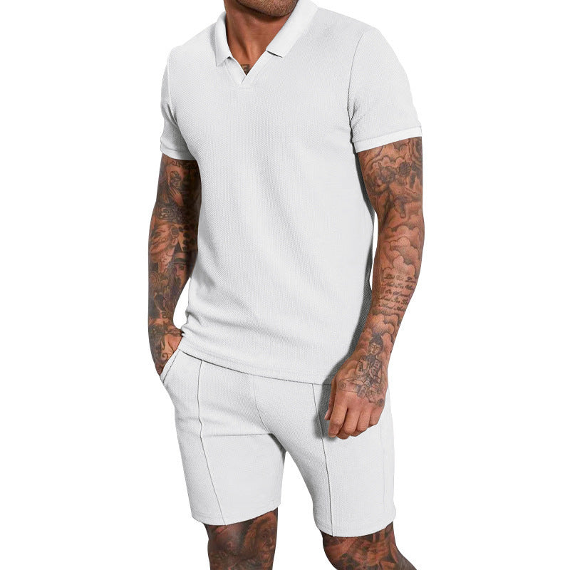 Men's Fashion Waffle V-neck Short-sleeved Shorts Two-piece Set