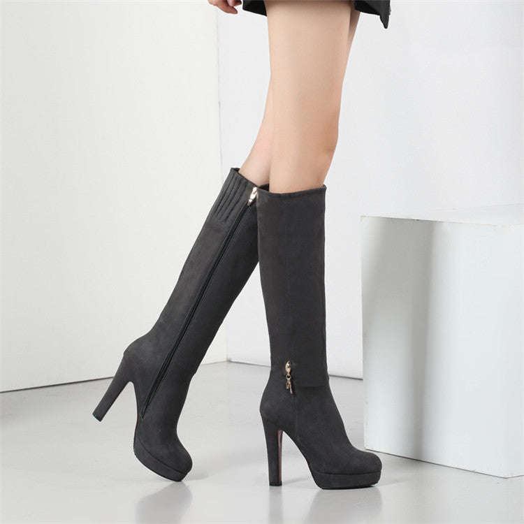 Block Heel Zip Solid Suede Tall Boots