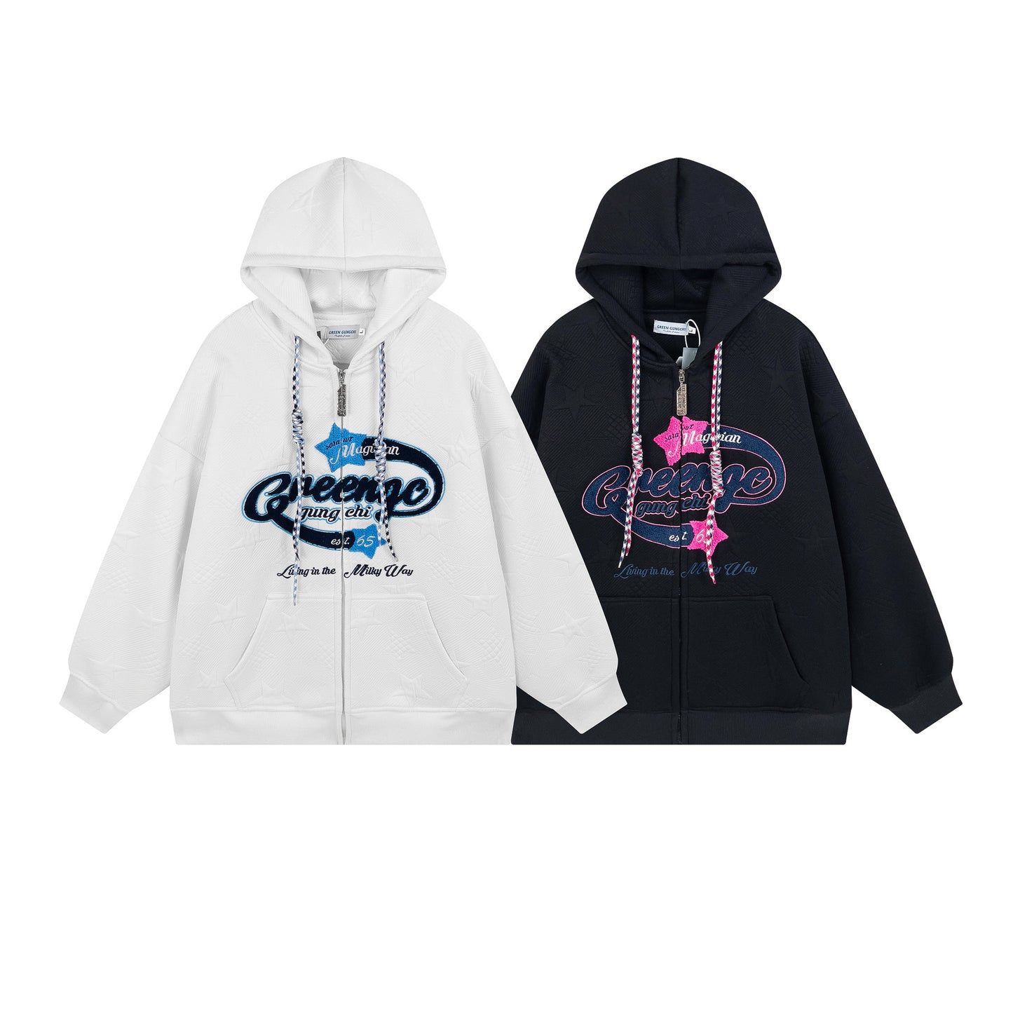 Retro Alphabet Towel Embroidery Zip Hoodie