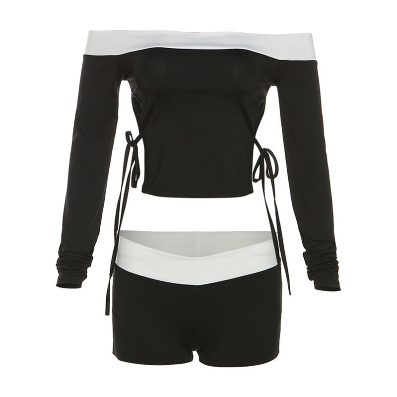 Contrast Color Off-neck Strap T-shirt Shorts Set Product information: Color: Black Pants length: Shorts Size: S,M,L Popular elements: shoulder strap Main fabric composition: Polyester (polyester fiber) Applicable Gender: Female Sleeve length: long sleeve