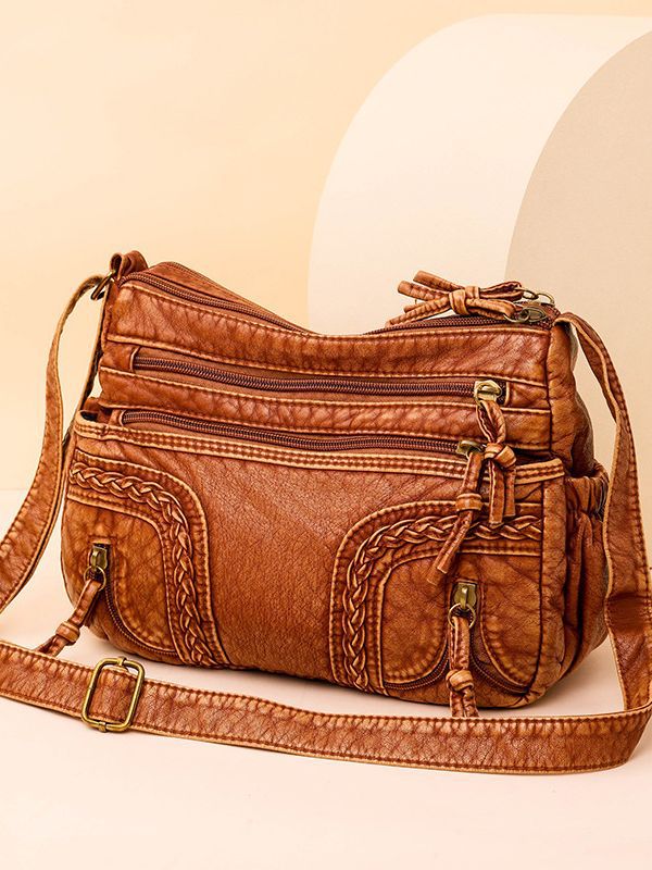 Women's Retro Fashionable Washed Leather Woven Shoulder Messenger Bag