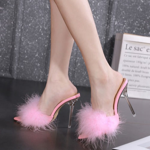 Pointed Toe Feather Stiletto Sandals