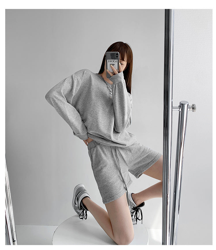 Women's Spring And Autumn Round Neck Long Sleeve Casual Sports Shorts Two-piece Suit