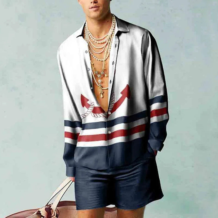 Fashion Long Sleeve Shirt Casual Shorts Two-piece Set