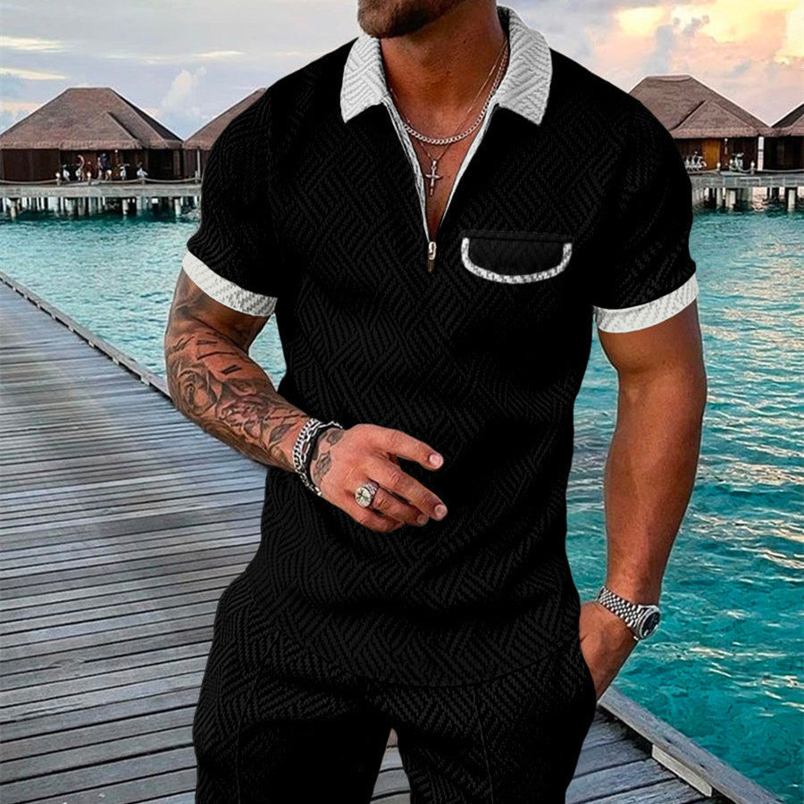 Men's Summer Fashion 3D Printed Short Sleeve Geometric Zip Lapel Shirt Set