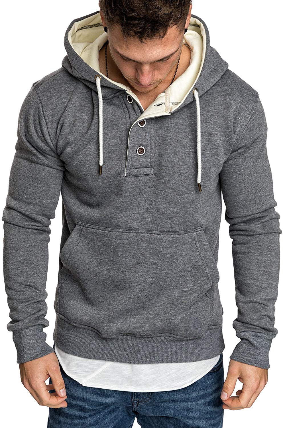 Button-trimmed hooded fleece sweatshirt