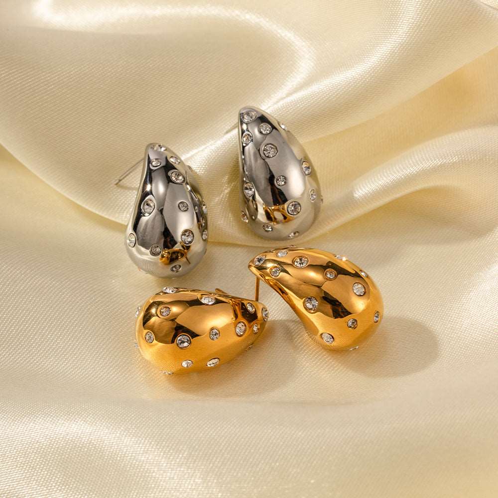 18K Gold-plated Stainless Steel Inlaid Zircon Chubby Stud Earrings INS